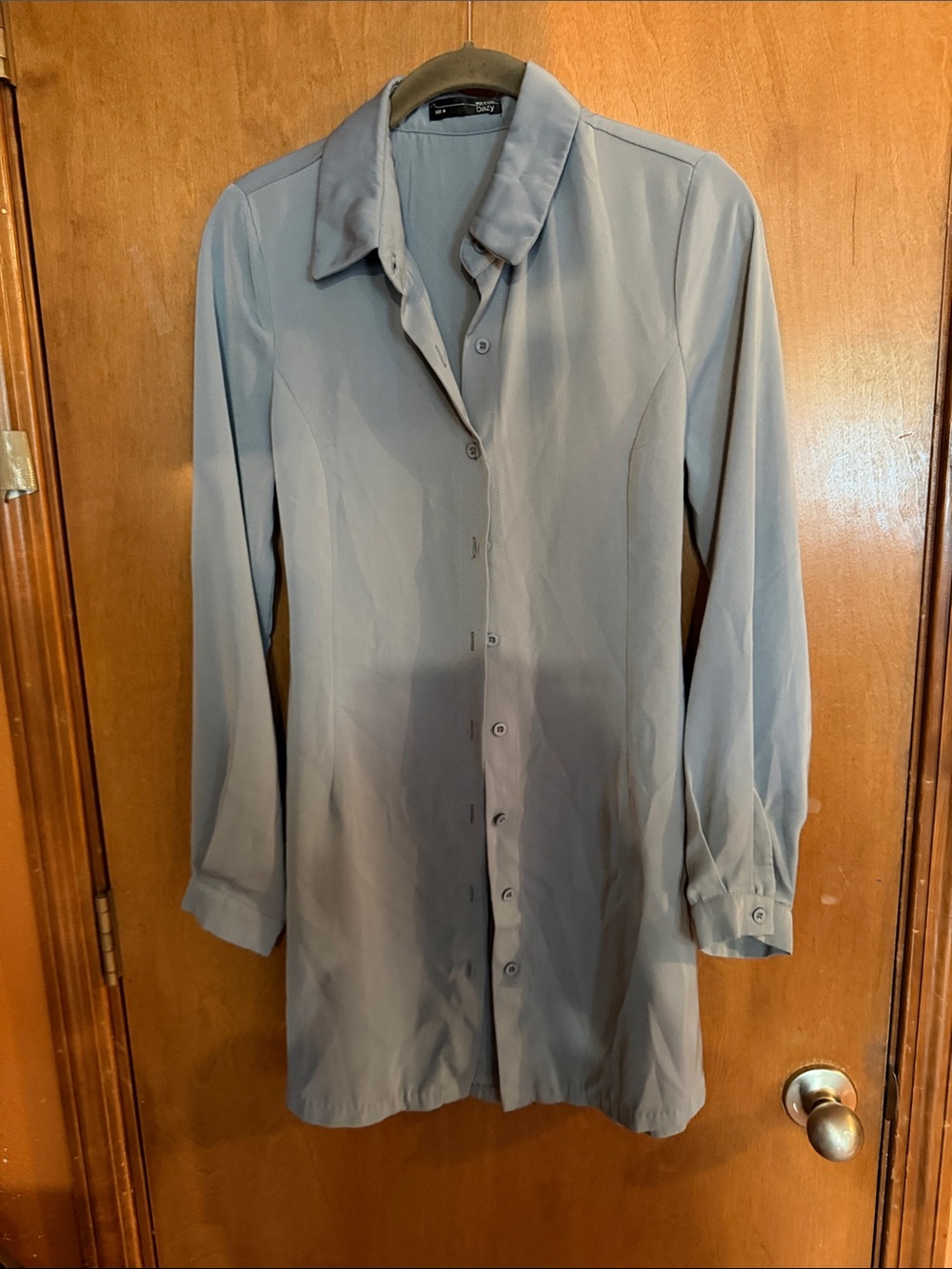 Long Sleeve Button-Front Shirt Dress in Light Gray